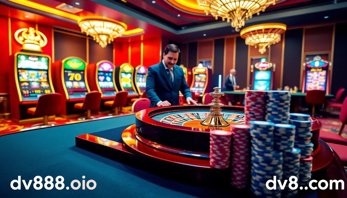Engage in high-stakes gambling at dv88.com with poker chips stacked at a luxurious casino table.
