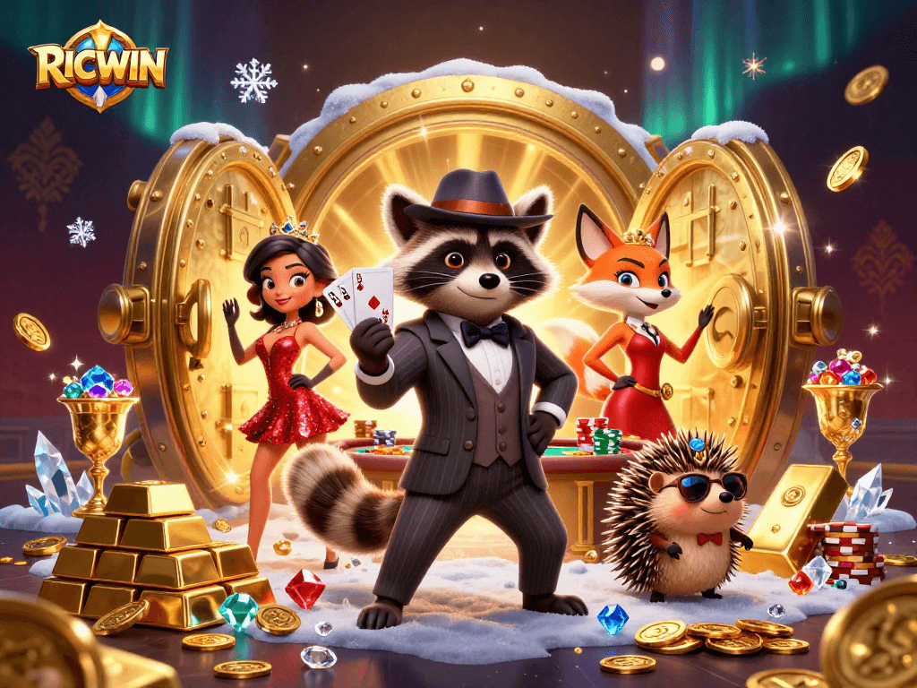 Join the fun at RICWIN with a captivating scene of a suave raccoon and friends enjoying casino games.