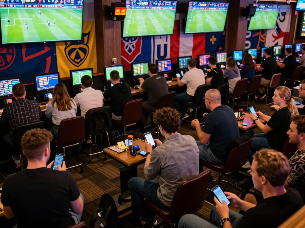 Fans placing live sports bets at 789p, celebrating wins in exciting atmosphere