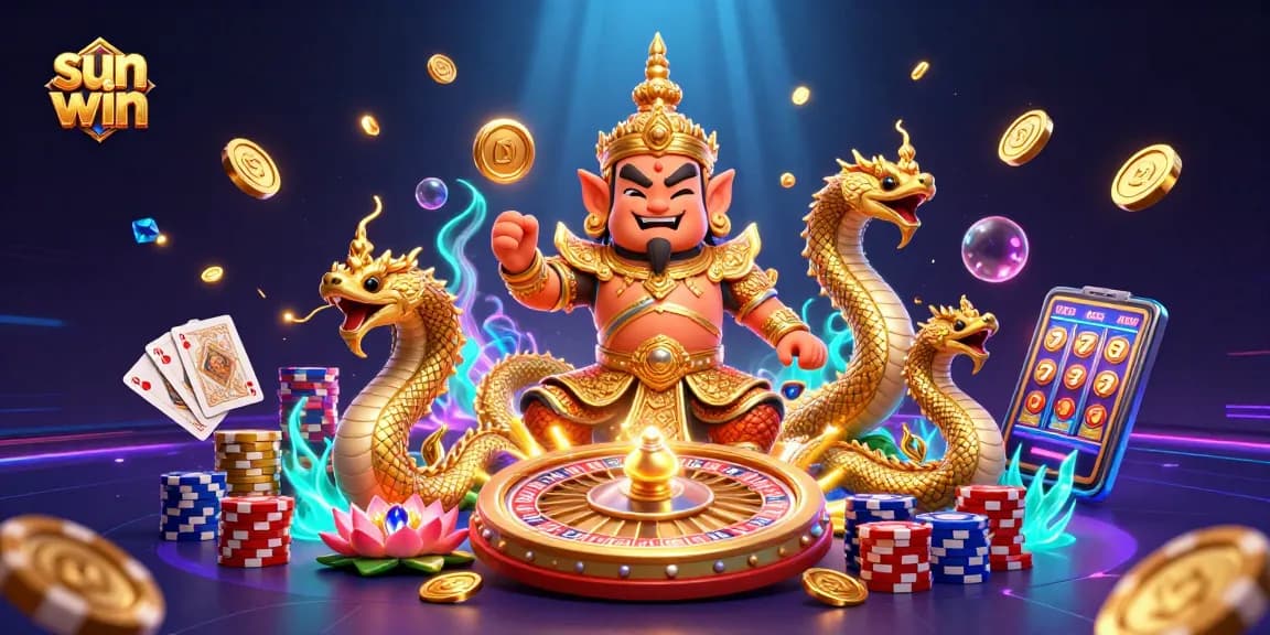 Immerse yourself in sun win with an enchanting illustration of a Thai guardian and Naga companions in a vibrant casino setting.