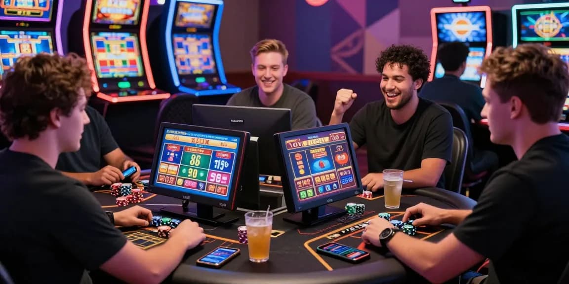 Players enjoying credit card casinos at being-there.org.uk, celebrating wins amidst bright casino ambiance.