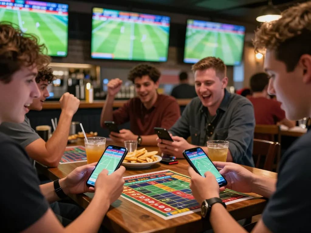 Cá Độ Bóng Đá action as excited fans place bets on their smartphones in lively sports bar