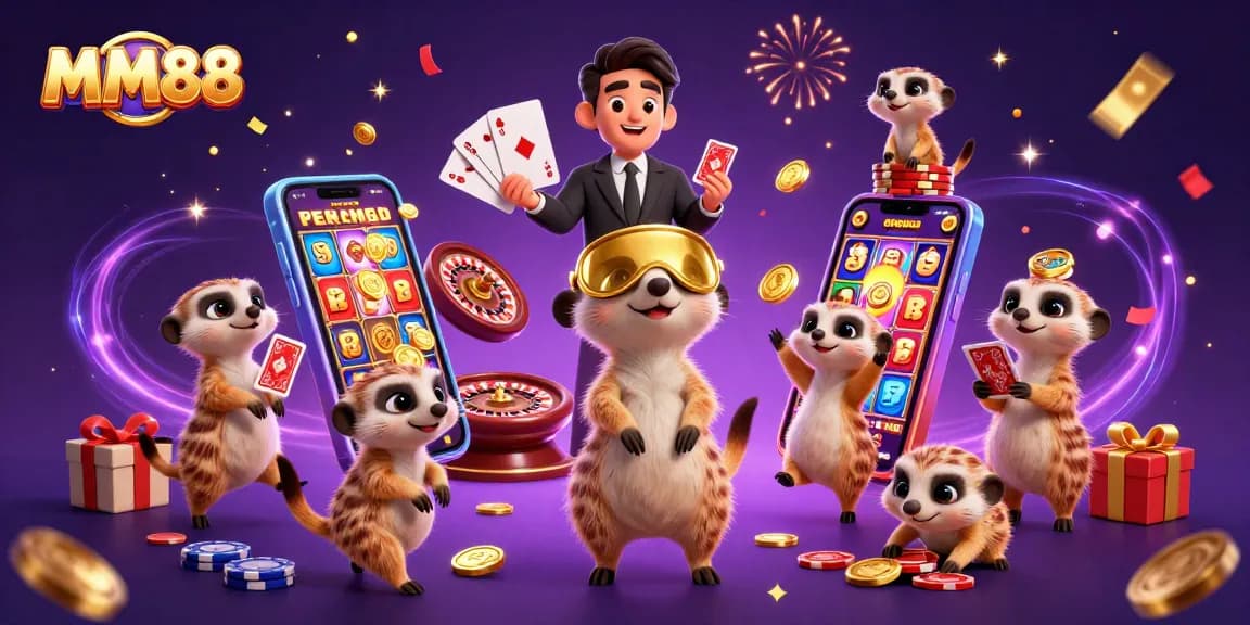 Experience MM88's casino excitement with meerkats managing games and slots amidst vibrant chaos.