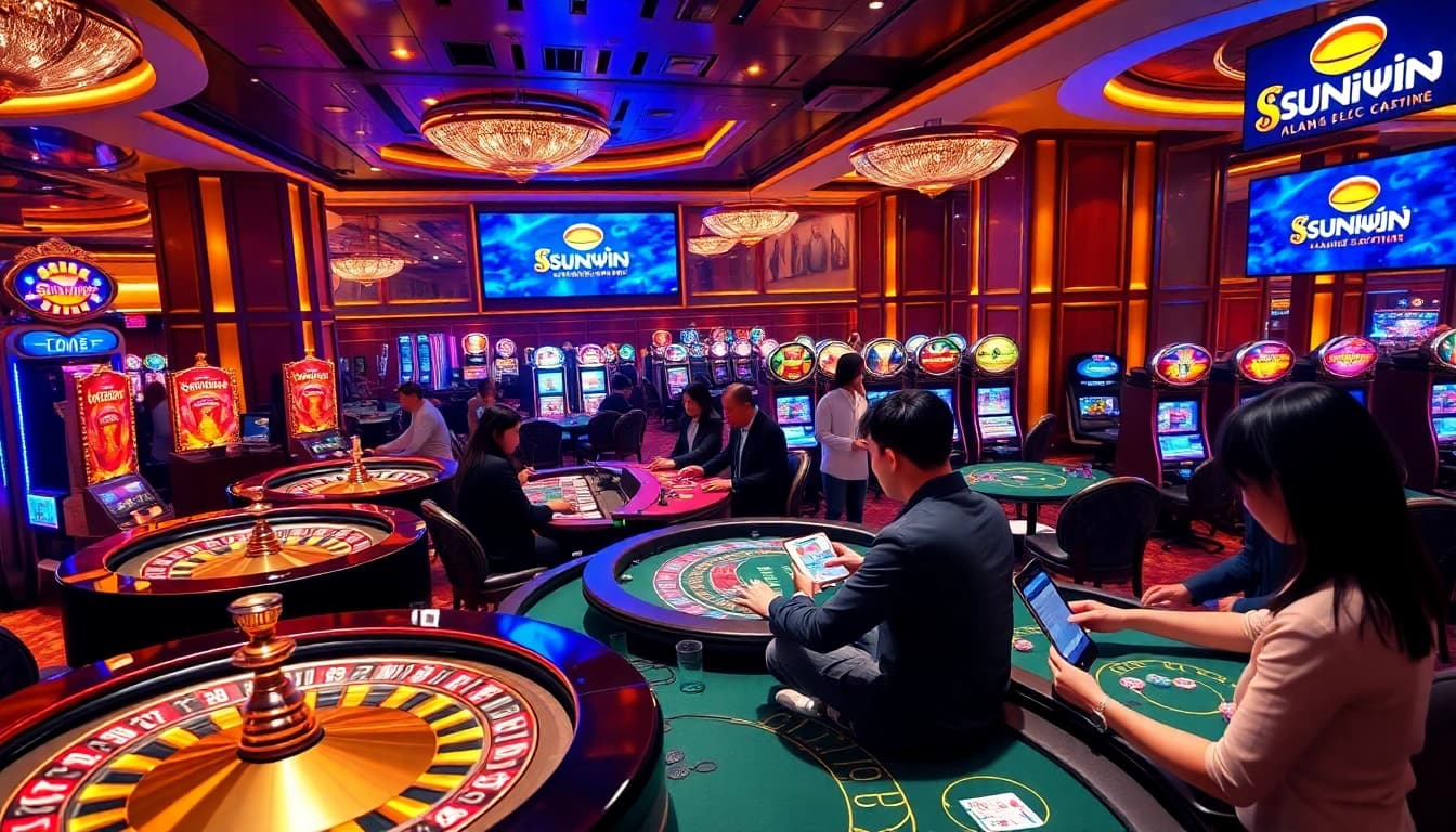 Engaged players at a glamorous casino table discussing Rút tiền Sunwin strategies for faster payouts.