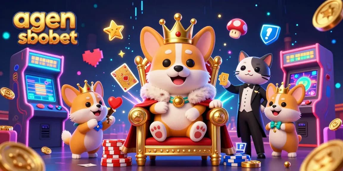 Engage with agen sbobet as a royal corgi reigns over a dynamic casino scene filled with animated game elements.