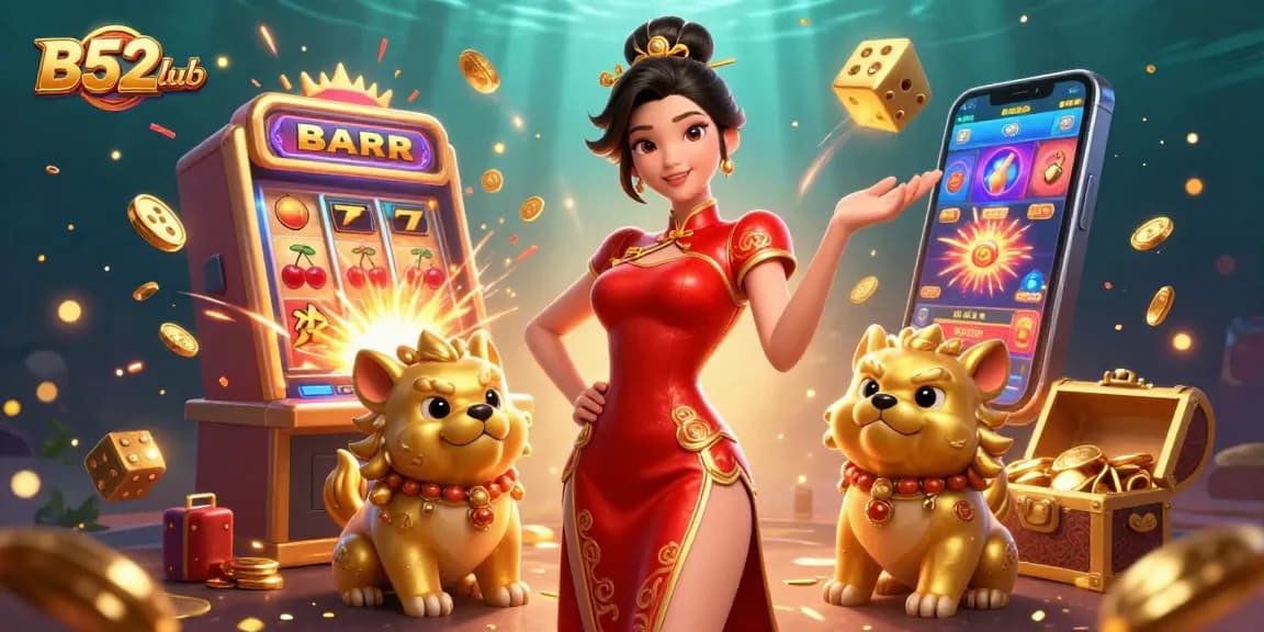 B52club showcases a glamorous Asian woman celebrating a jackpot with fireworks and lively casino elements.
