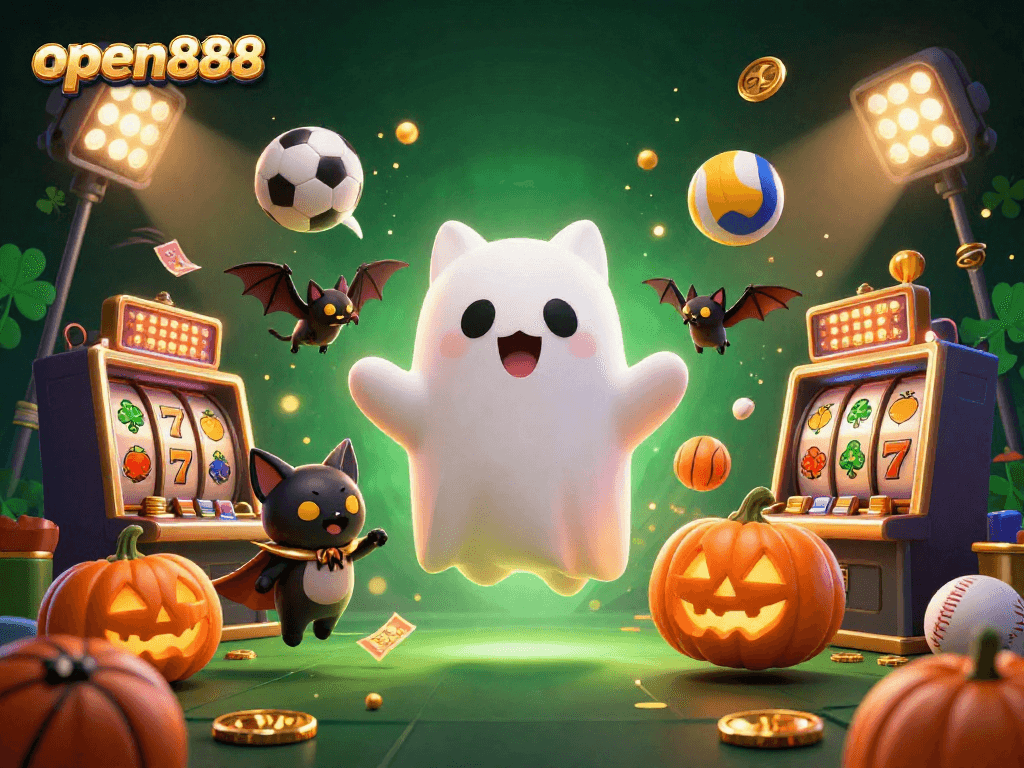 open888's ghost cat and vampire bat explore a haunted casino with exciting slot elements