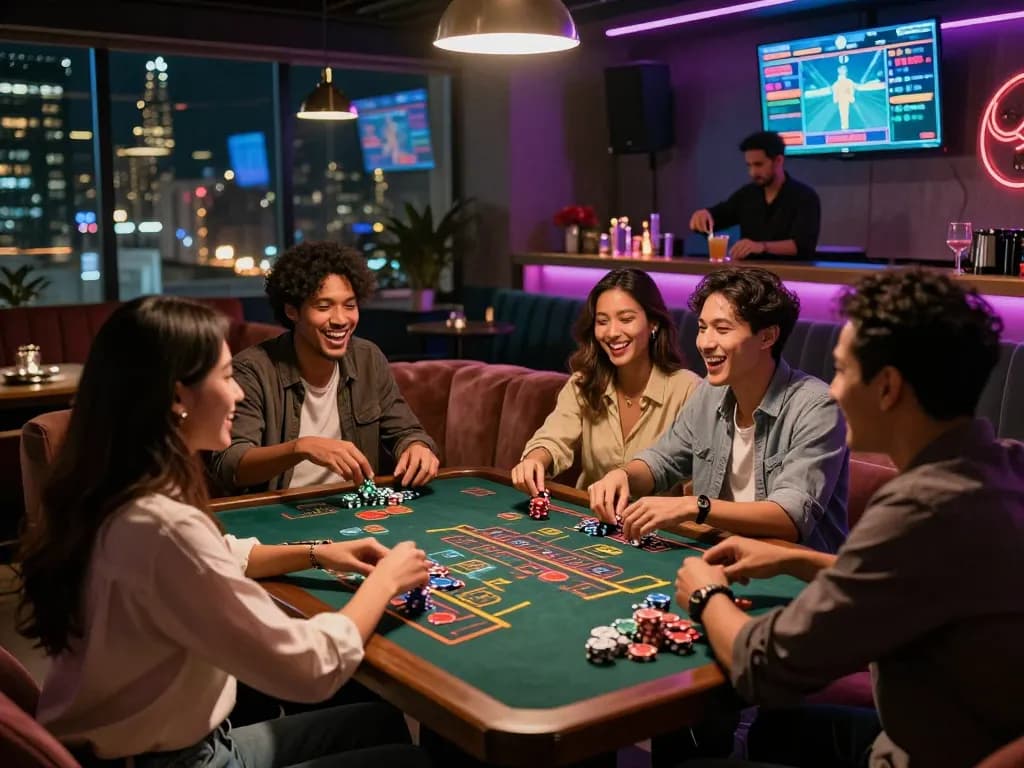 A vibrant betting scene at rikbet lounge, friends enjoying a game with neon lights.