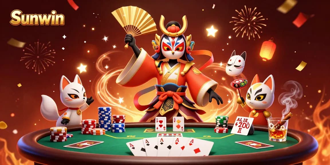 Experience thrilling poker dynamics at Sunwin Casino illustrated with vibrant characters and rich elements.