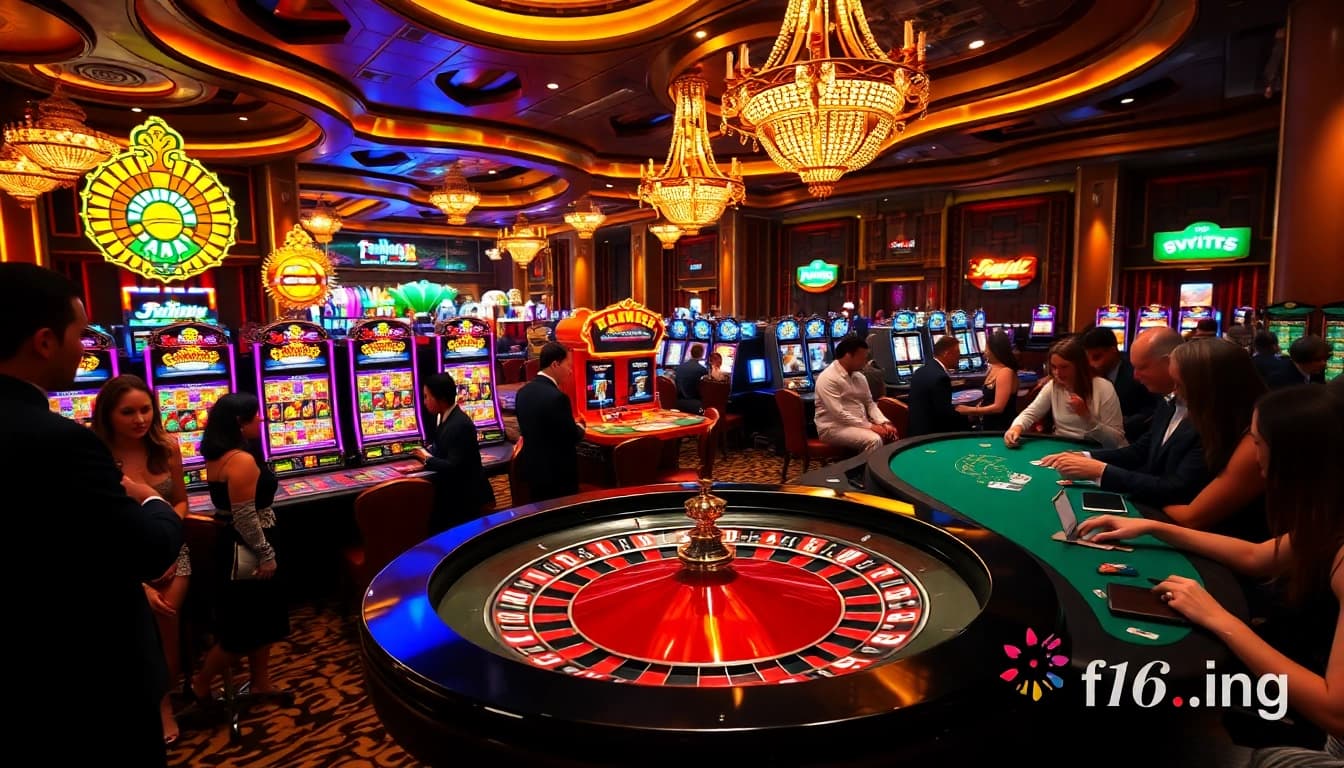 Experience the thrill of winning at f168.ing with a vibrant casino scene featuring roulette and slot machines.