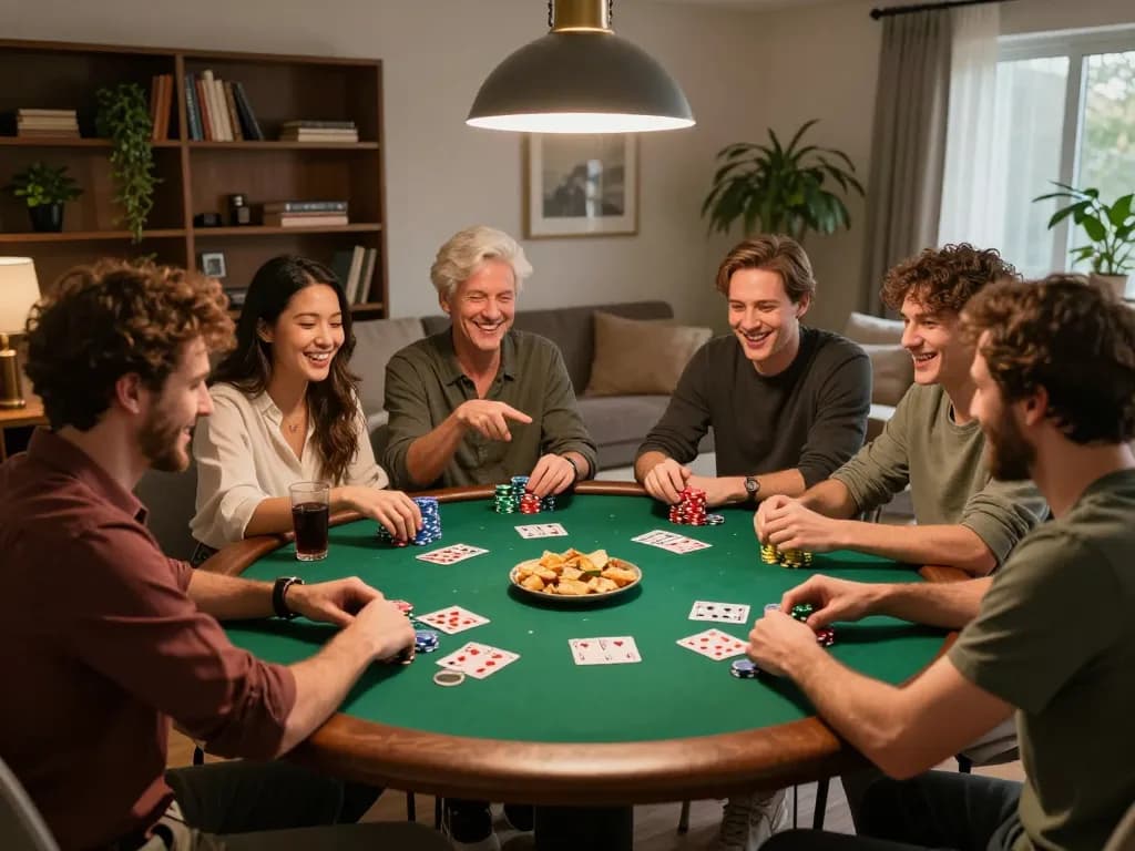 Friends enjoying a lively poker game, showcasing 789winpen social gambling excitement with vibrant chips and cards.