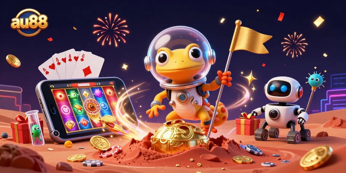 Spin the reels at au88 with an alien gecko discovering a vibrant casino in a space adventure.