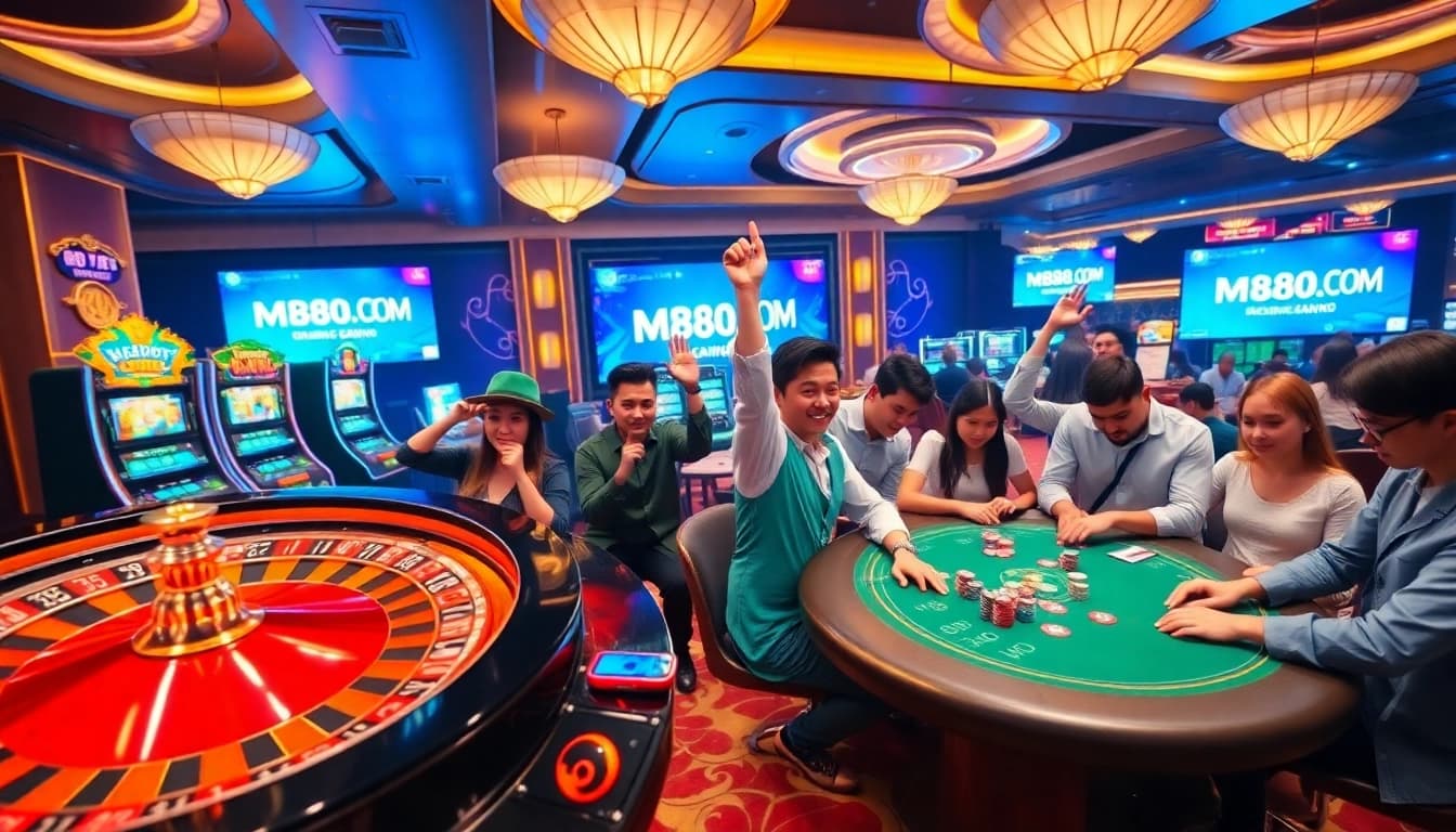 Players enjoying games at MM88.COM casino, featuring poker chips and vibrant slot machines.