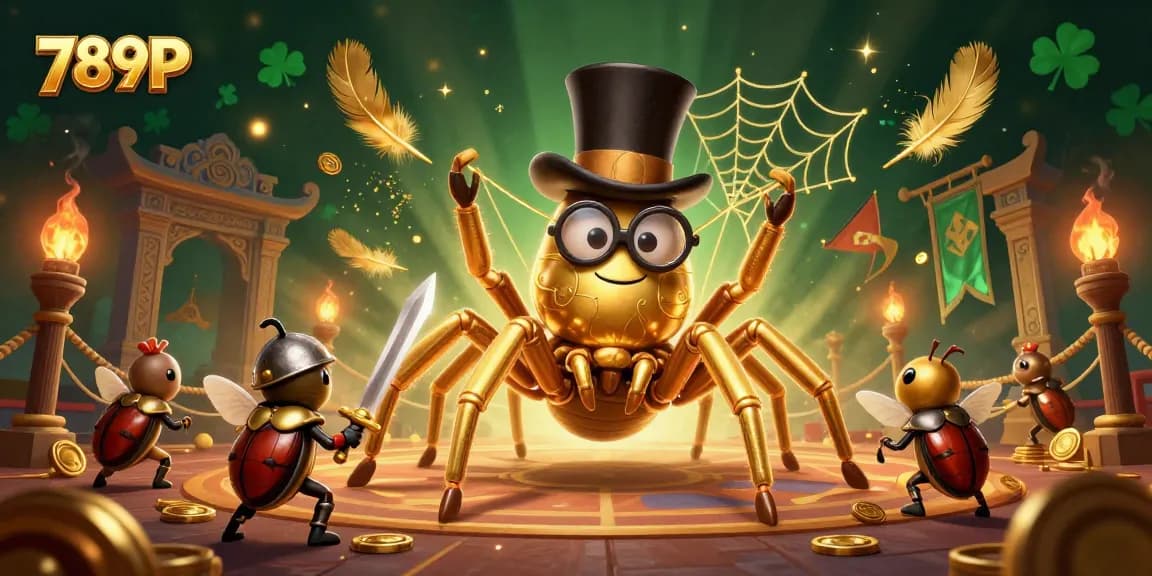 Engage with 789P's colorful casino scene featuring a golden tarantula, brave beetle knight, and stunning gaming elements.
