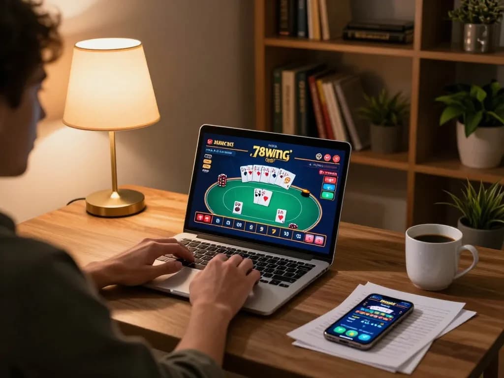 Enjoying a strategic poker game on 78wingo with cozy home ambiance