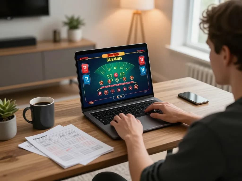 Play SUNWIN casino games on a laptop at home with warm lighting and strategy notes