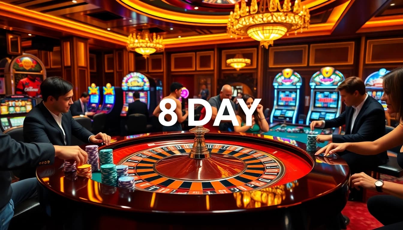 Experience the thrill of 8DAY at a luxurious casino with vibrant games and excited players.