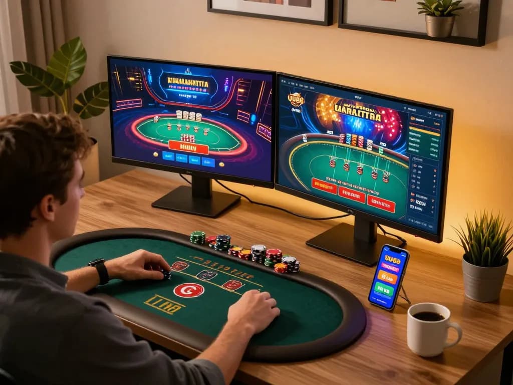 Engaging gaming scene at UU88 online casino with multiple screens displaying poker games and betting apps.