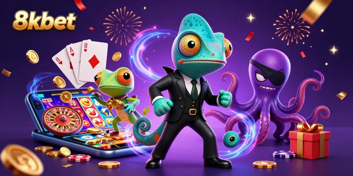 Engage with the vibrant world of 8xbet, featuring dynamic 3D characters and casino elements.