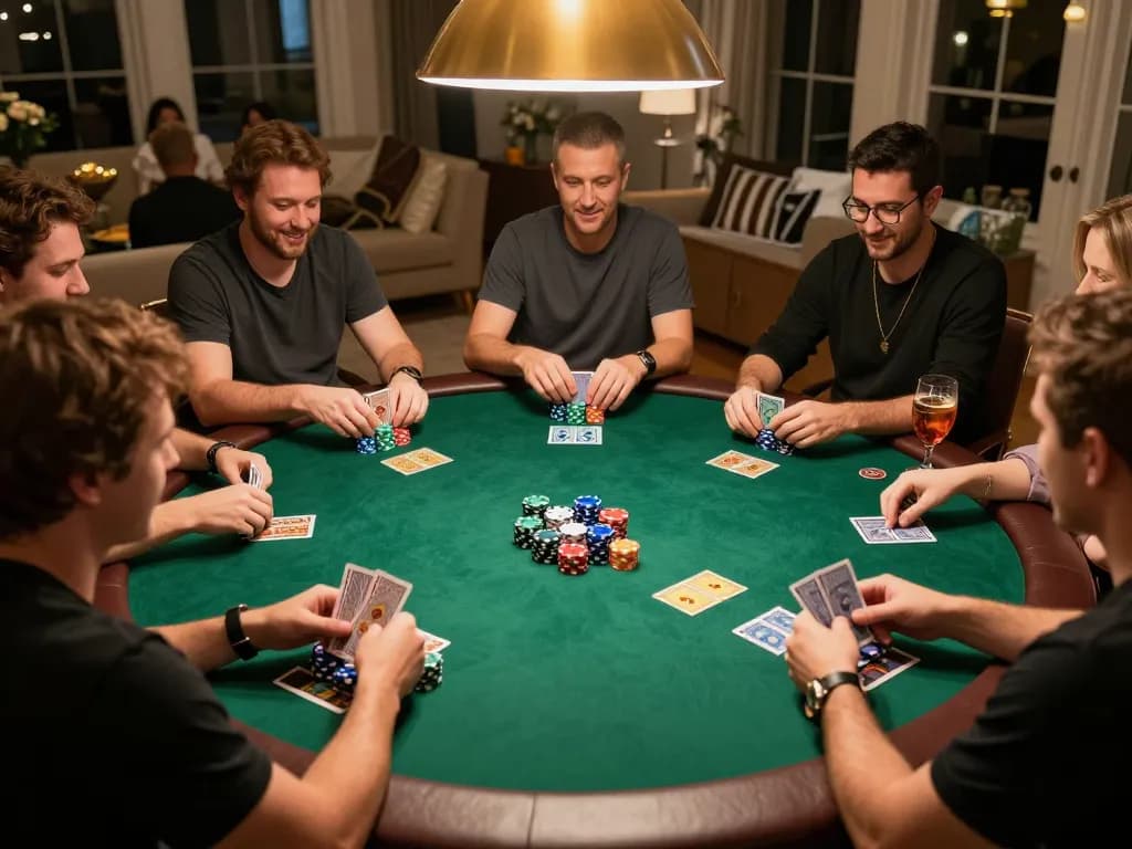 Vin88 chính thức poker game in action at a home game night, with vibrant chips and cards.