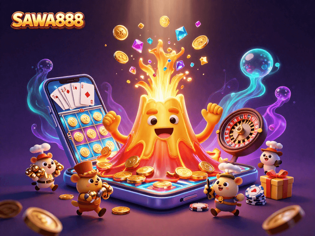 Experience thrilling slots at SAWA888 as the golden volcano erupts coins and treasures!