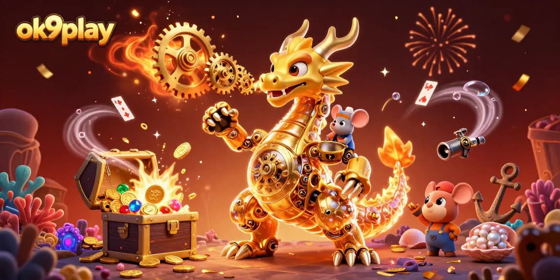 Engage with exhilarating gameplay at ok9play, featuring a golden dragon and animated casino elements.