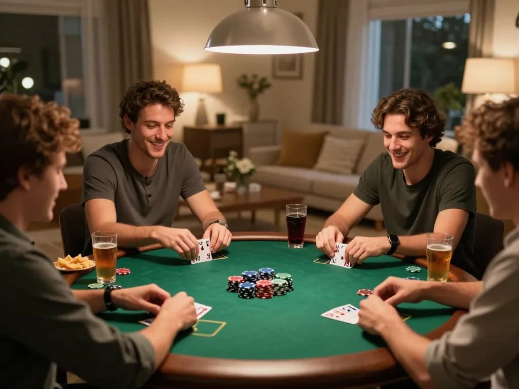 Friends enjoying a lively poker game at home, showcasing the sunwin gambling experience.