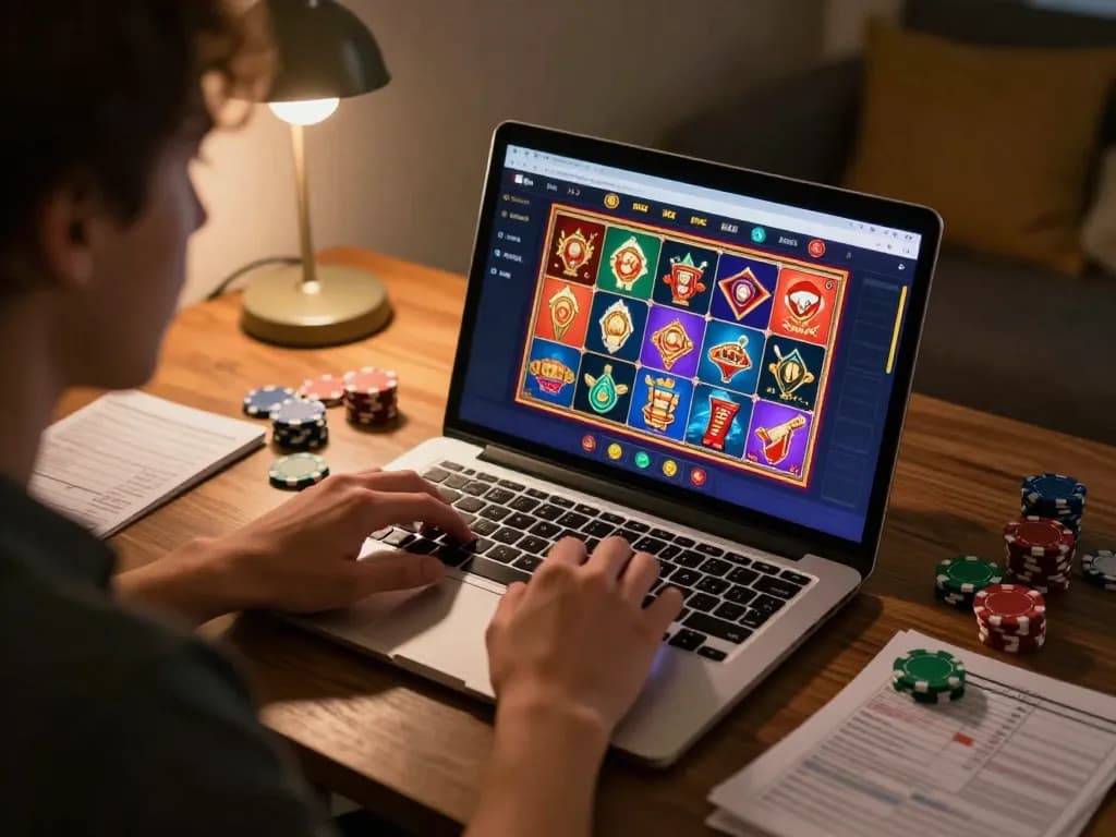Engaging gameplay at https://ee888.sa.com/ with a vibrant online casino app displayed on a laptop in a cozy home environment.