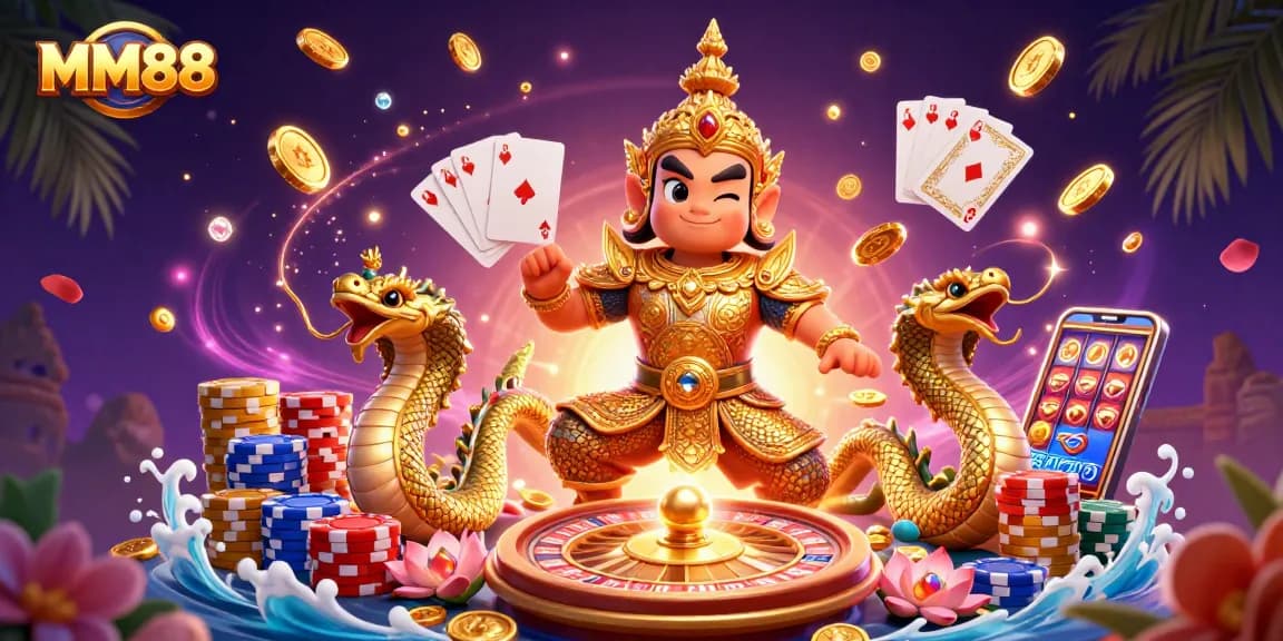 Play exciting casino games at MM88 with vibrant characters, coins, and poker elements.
