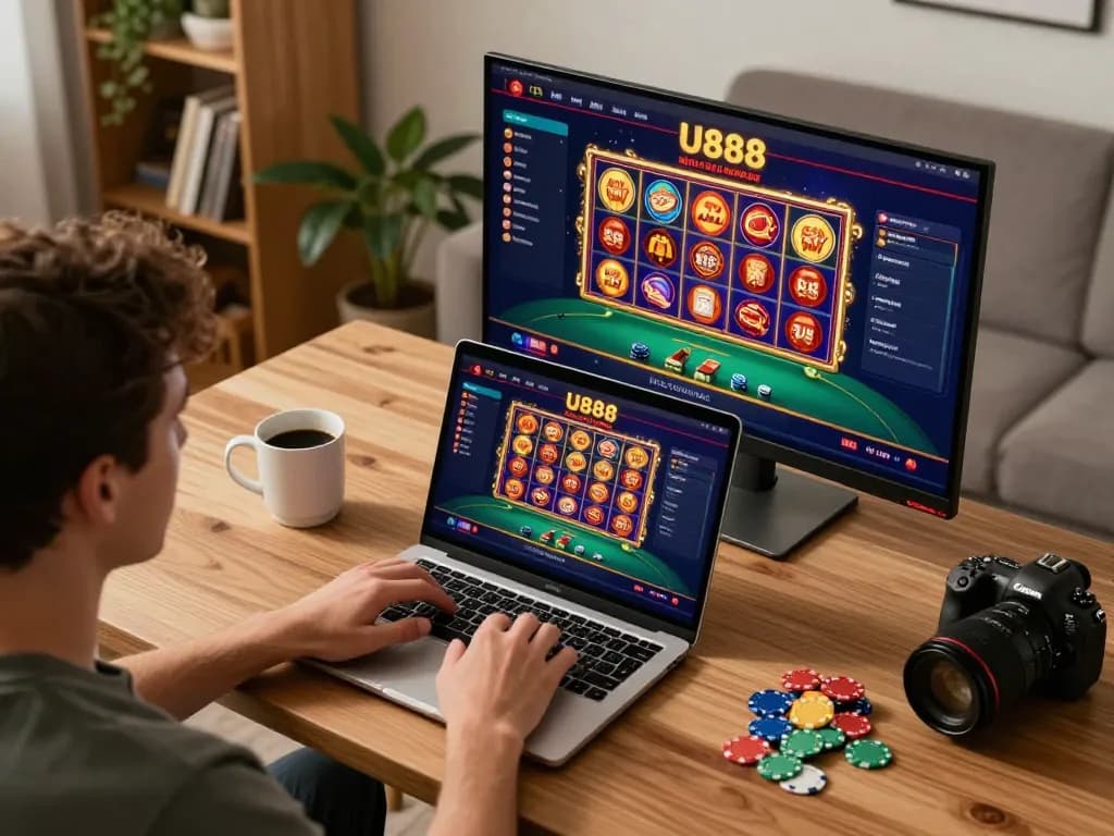 Engaged player using U888 online casino interface for exciting gameplay at home.