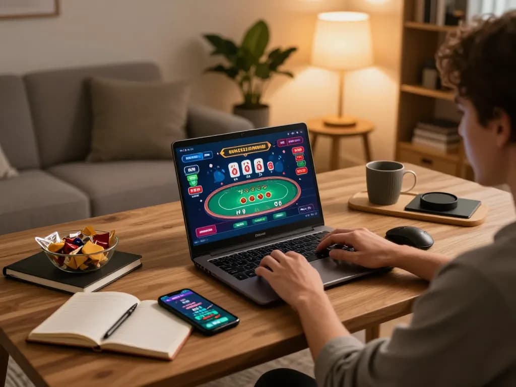 MM88 player enjoying gaming on a laptop with vibrant poker interface in a cozy home setting