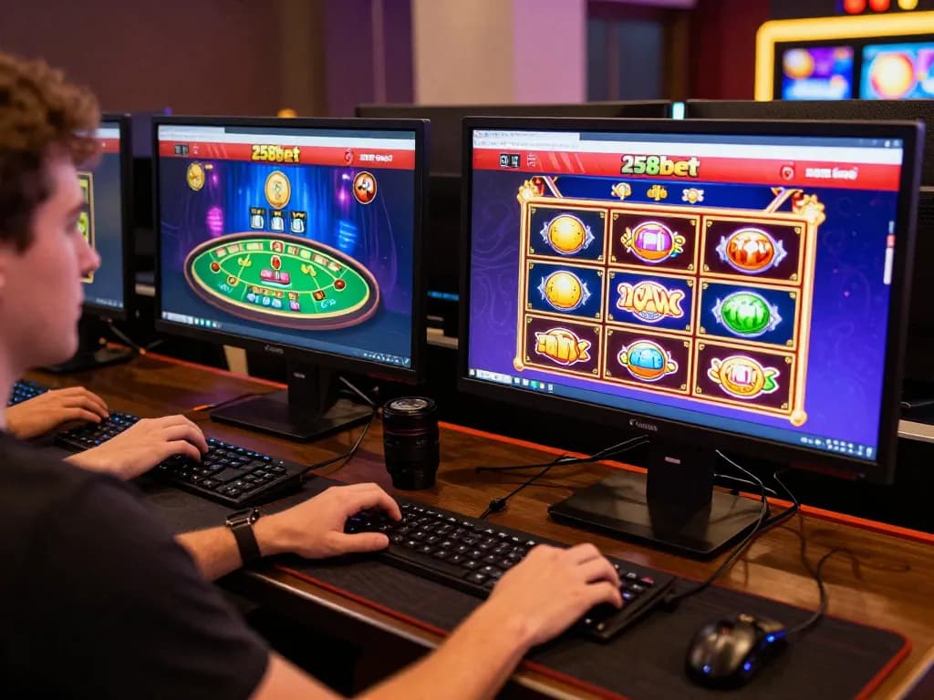 Engaged player enjoying online gaming at 258bet with vibrant screens and lively setup
