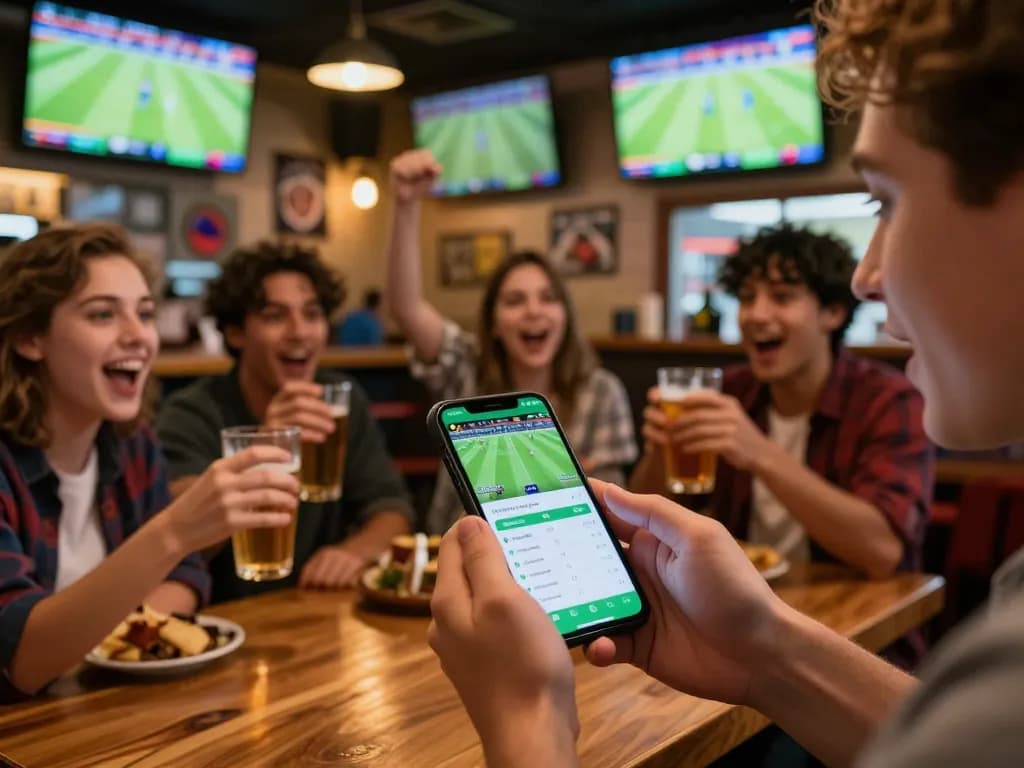 Nowgoal user placing bets on a smartphone amid friends celebrating a live sports match in a vibrant sports bar.