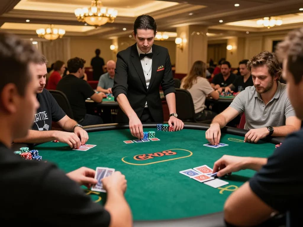 GO8 players intensely strategizing their next move during an exciting poker game in a luxurious casino