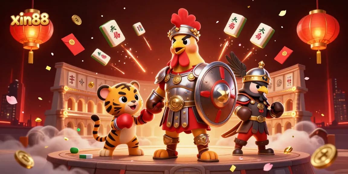 Engage with xin88's 3D illustrated casino atmosphere featuring a gladiator rooster amidst festive gaming elements.