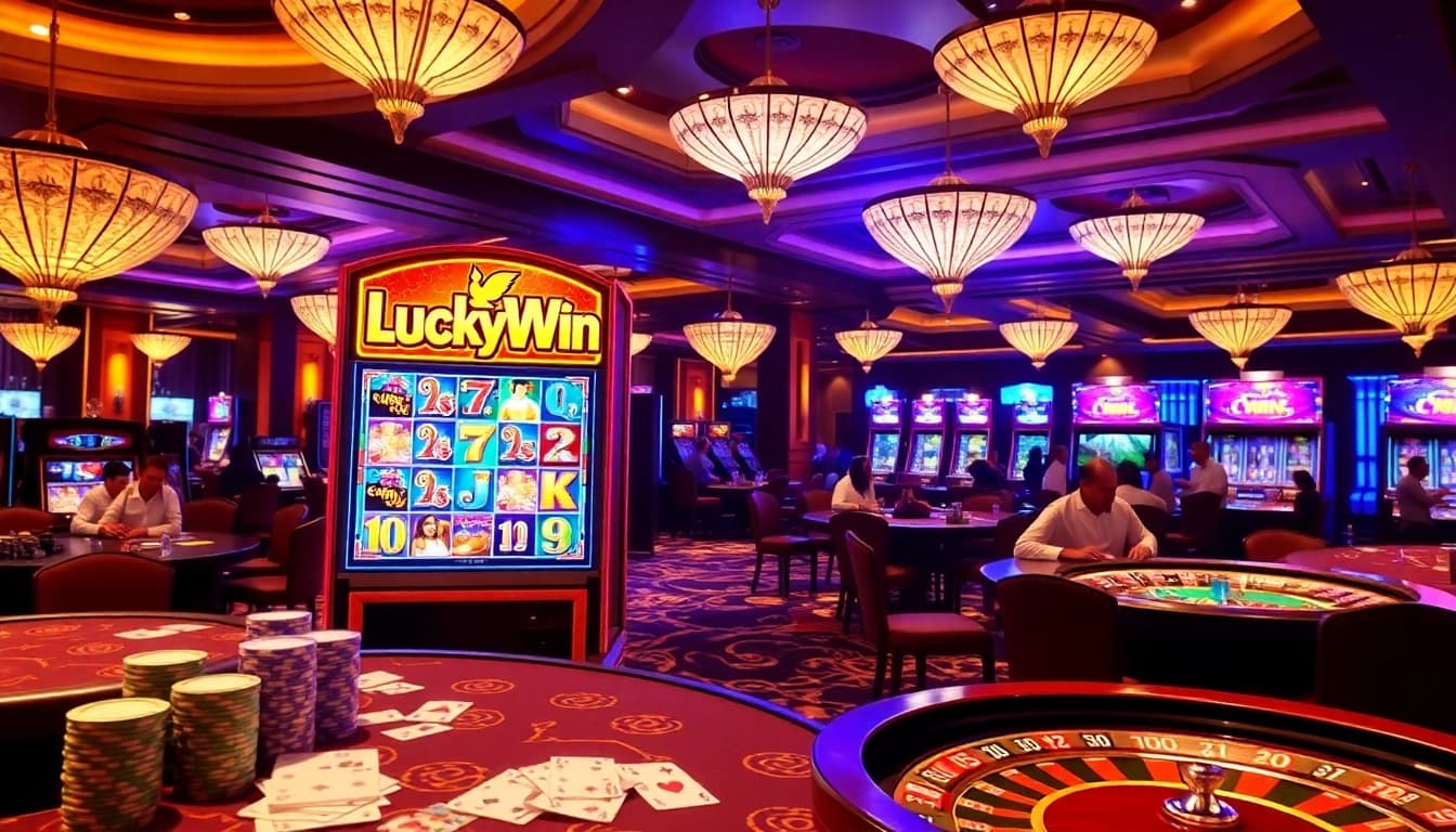 Players enjoy exciting gaming action at the LuckyWin casino slot machines with vibrant visuals.