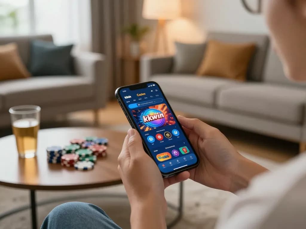 Player enjoying kkwin casino app on smartphone in a cozy home setting, dynamic gaming atmosphere
