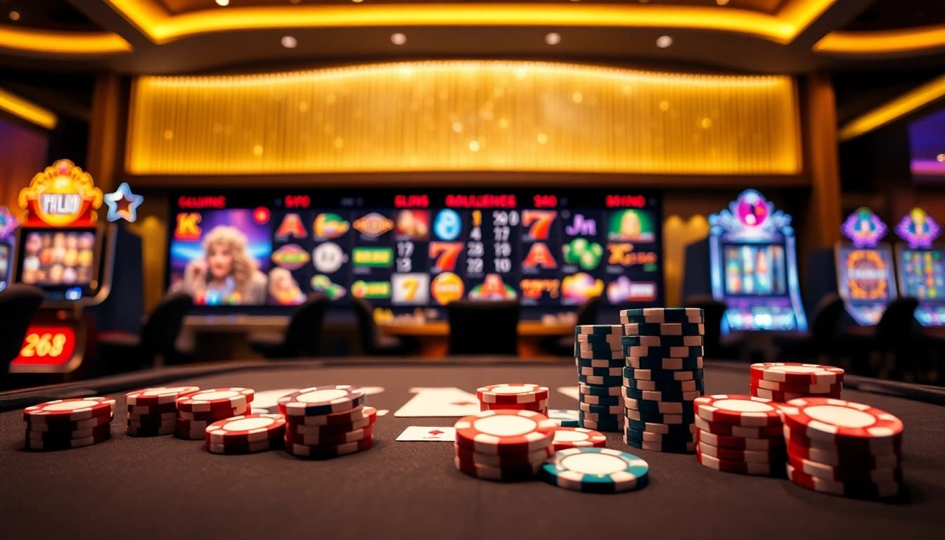 Experience high-stakes gaming at https://tg88pro.com/ showcasing vibrant gambling elements in a luxurious casino setting.