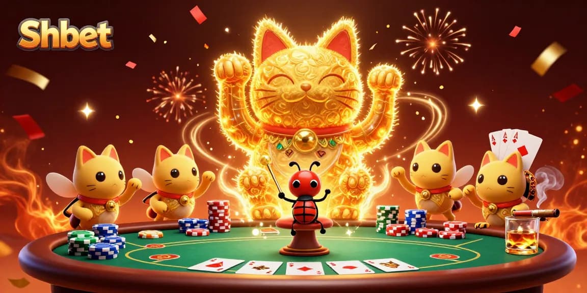 Engage in thrilling games at Shbet with a vibrant lucky cat and dynamic casino elements.