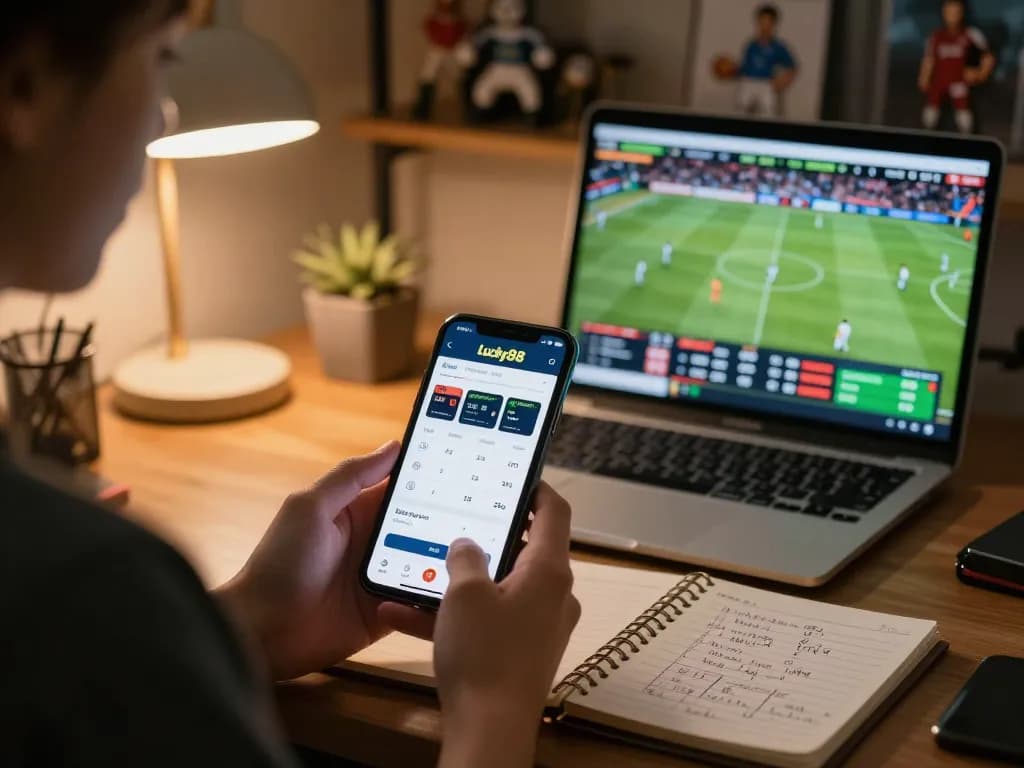 Engaged user exploring betting options on lucky88 sports app in inviting home office.