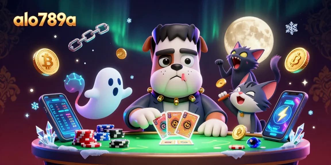 Experience thrilling action with alo789a as a cartoon bulldog deals cards at a spooky casino table.