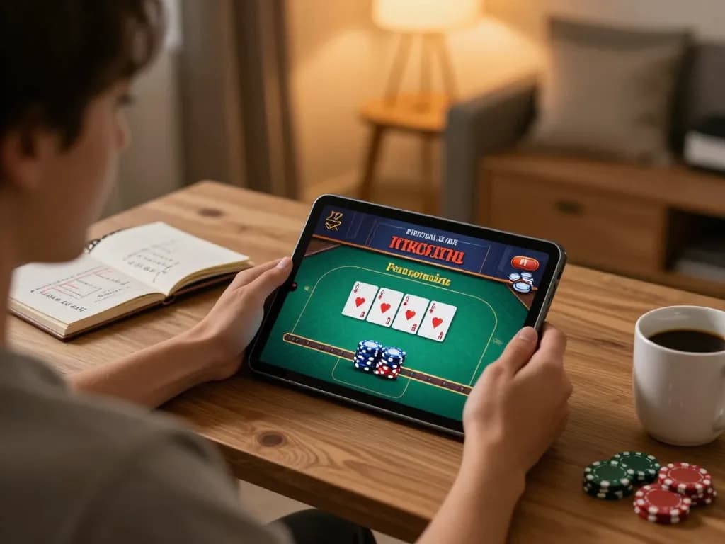 Engaging in online gambling with tải sunwin on a tablet in a cozy home setting with warm lighting.