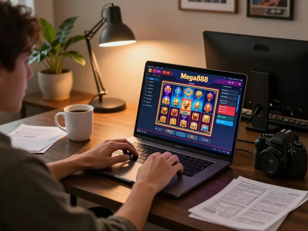 Engaging online gaming scene at https://mega888group.com/ featuring a player focused on vibrant slot games.
