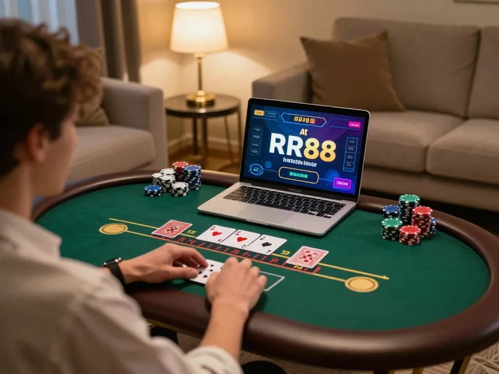 Engaging in live blackjack gameplay on RR88, with cozy home atmosphere and vibrant gaming elements.