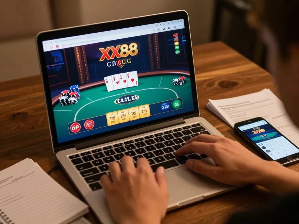 Engaged gamer playing XX88 online casino on a laptop with poker chips visible.