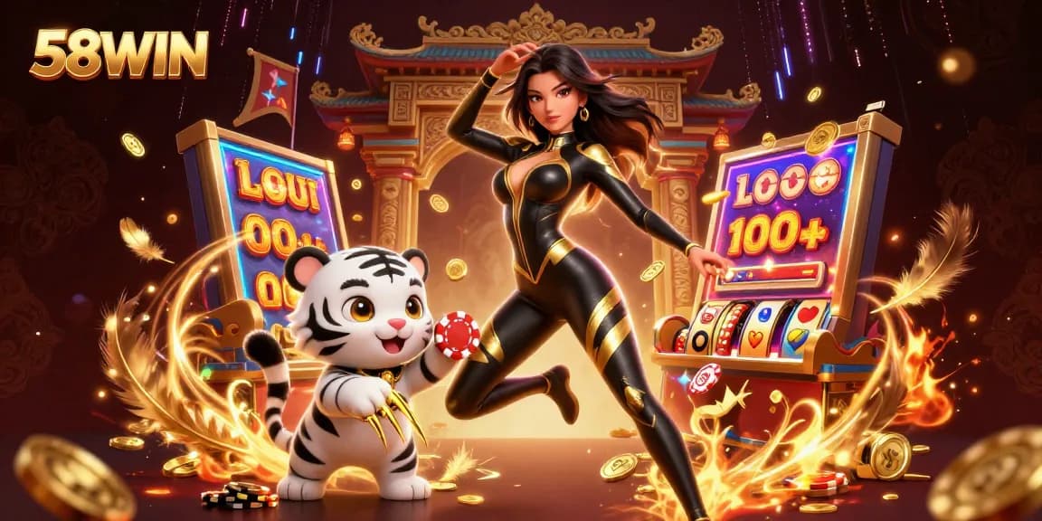 Engage with 58WIN's thrilling slot adventure as golden tigers and poker chips ignite the atmosphere.