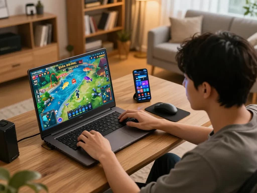 Bắn Cá Đổi Thưởng gameplay session in a cozy home setting, showcasing vibrant graphics and strategy.