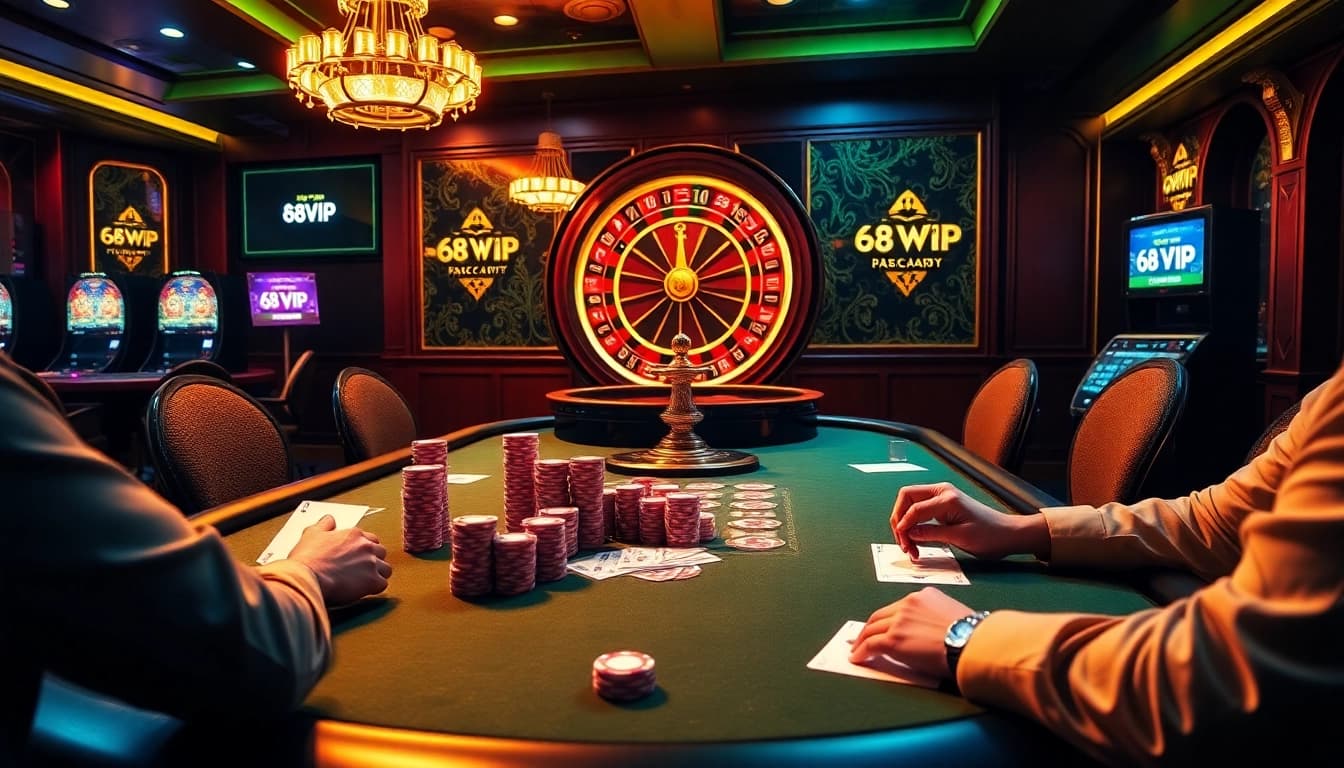Gamblers engaging at a high-stakes poker table, highlighting 68VIP's luxurious casino experience.