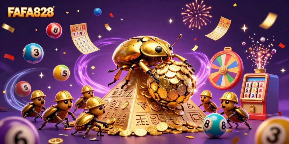 Engage with FAFA828’s vibrant casino scene featuring a golden dung beetle and dynamic game elements.