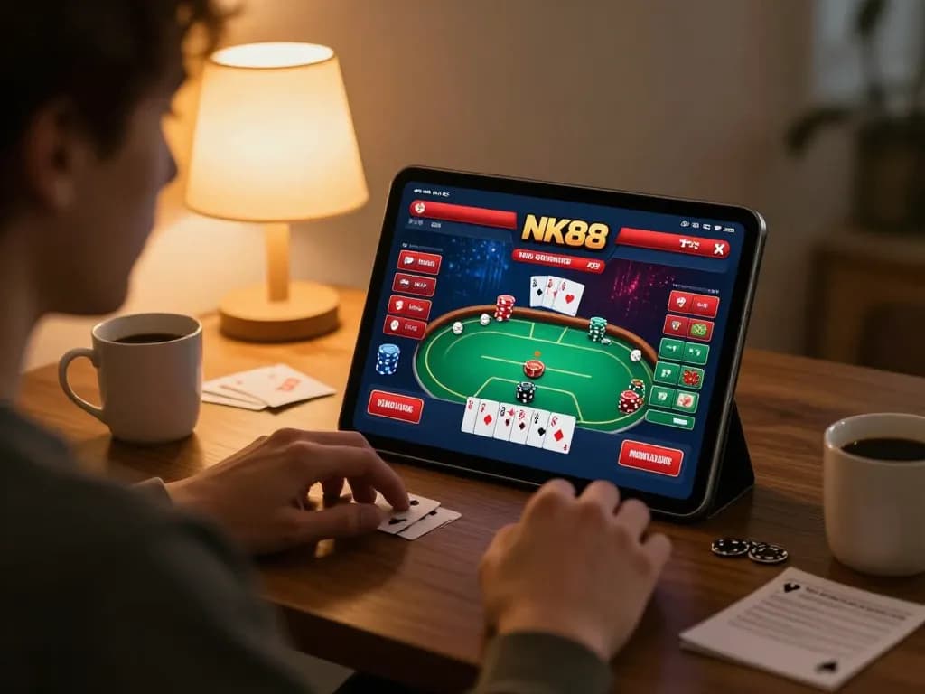 Engaged player navigating link vào nk88 for online casino poker gameplay at home.
